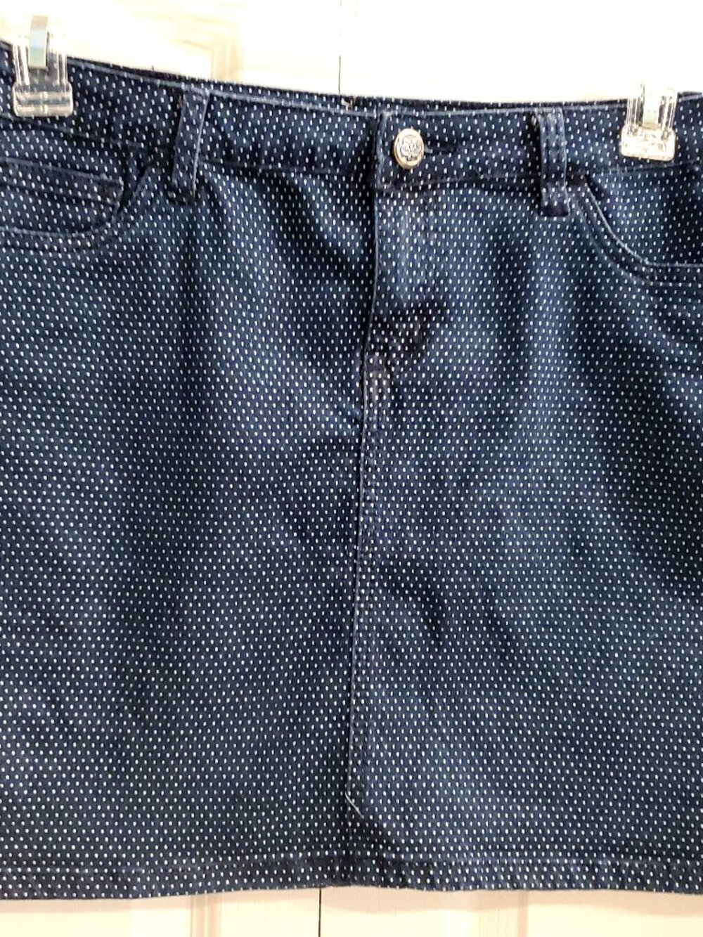 L@@K Earl Jeans Blue Denim Dotted Swiss Mini Skirt w/Pockets ~ Size 12 ~ CUTE!